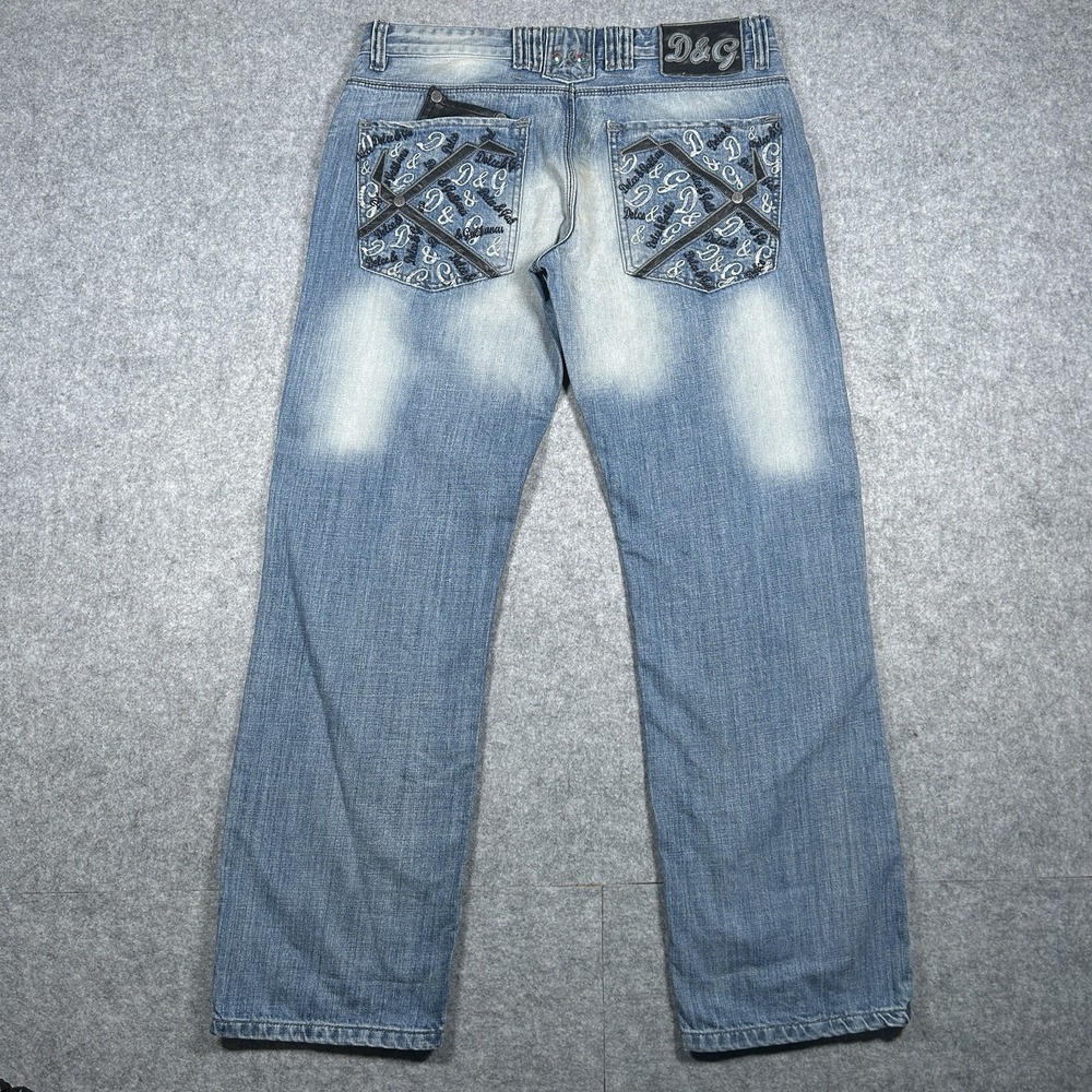 Y2K DOLCE GABBANA‎ Jeans Men's 34x34 Insane Fade Embroidered Denim Straight RARE